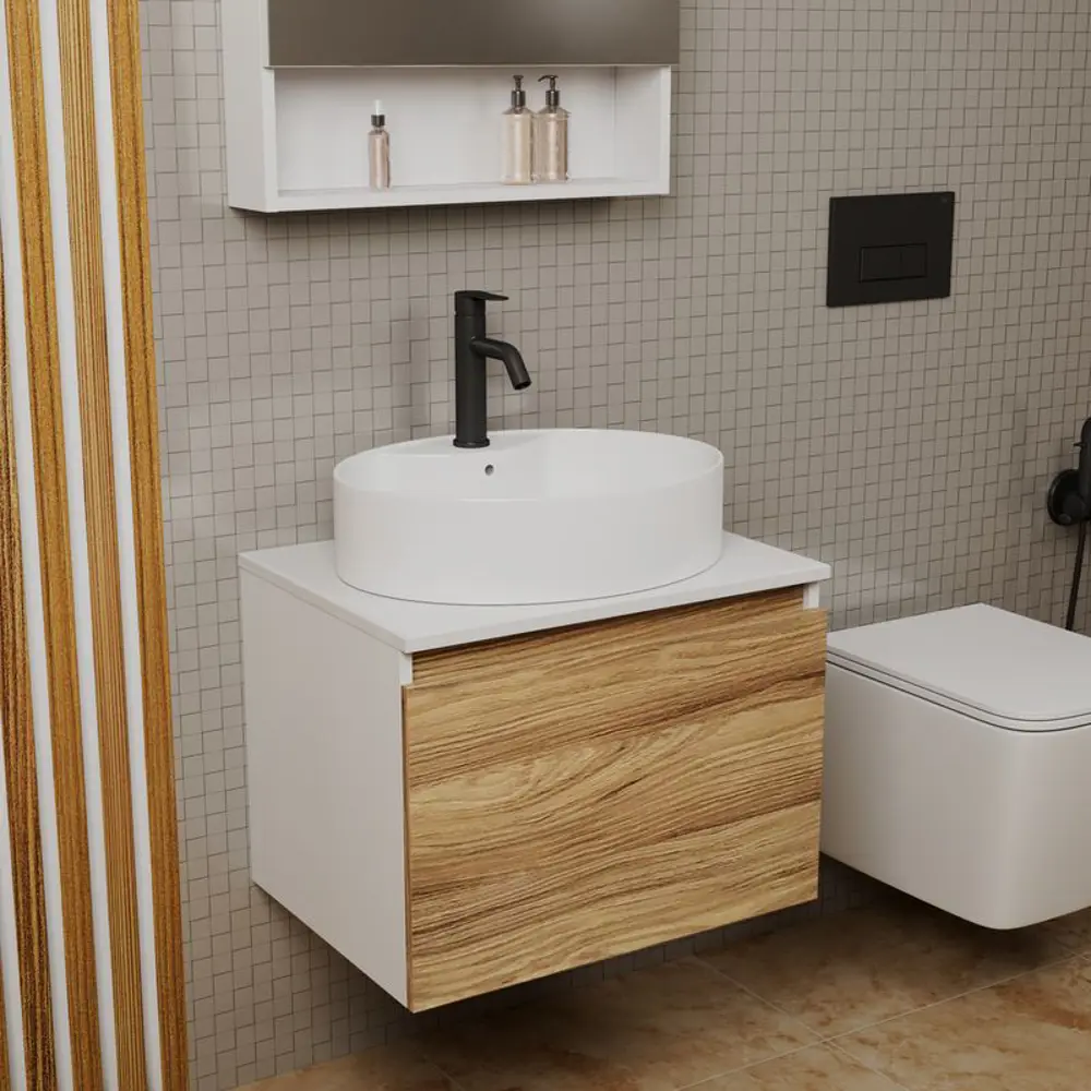 Фото 2 Тумба под раковину Bauedge Blackwood BD2516 подвесная 60см с раковиной, смесителем цвет дуб, черный матовый, белый Фото 2 Тумба под раковину Bauedge Blackwood BD2516 подвесная 60см с раковиной, смесителем цвет дуб, черный матовый, белый