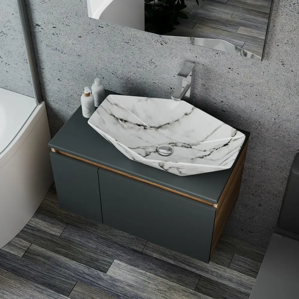 Фото 2 Тумба под раковину Bauedge Blackwood BD2792 подвесная 80см с раковиной, смесителем цвет хром, графит, белый, мрамор Фото 2 Тумба под раковину Bauedge Blackwood BD2792 подвесная 80см с раковиной, смесителем цвет хром, графит, белый, мрамор