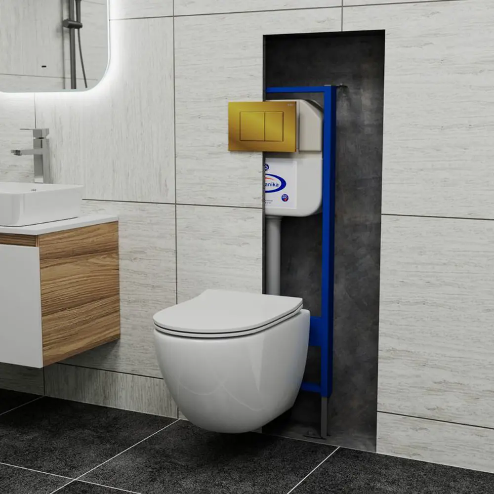 Фото 2 Комплект инсталляция Aquanika унитаз безободковый BAUEDGE Dream PRO-2 сиденье микролифт кнопка смыва Stil для инсталляции золото Фото 2 Комплект инсталляция Aquanika унитаз безободковый BAUEDGE Dream PRO-2 сиденье микролифт кнопка смыва Stil для инсталляции золото