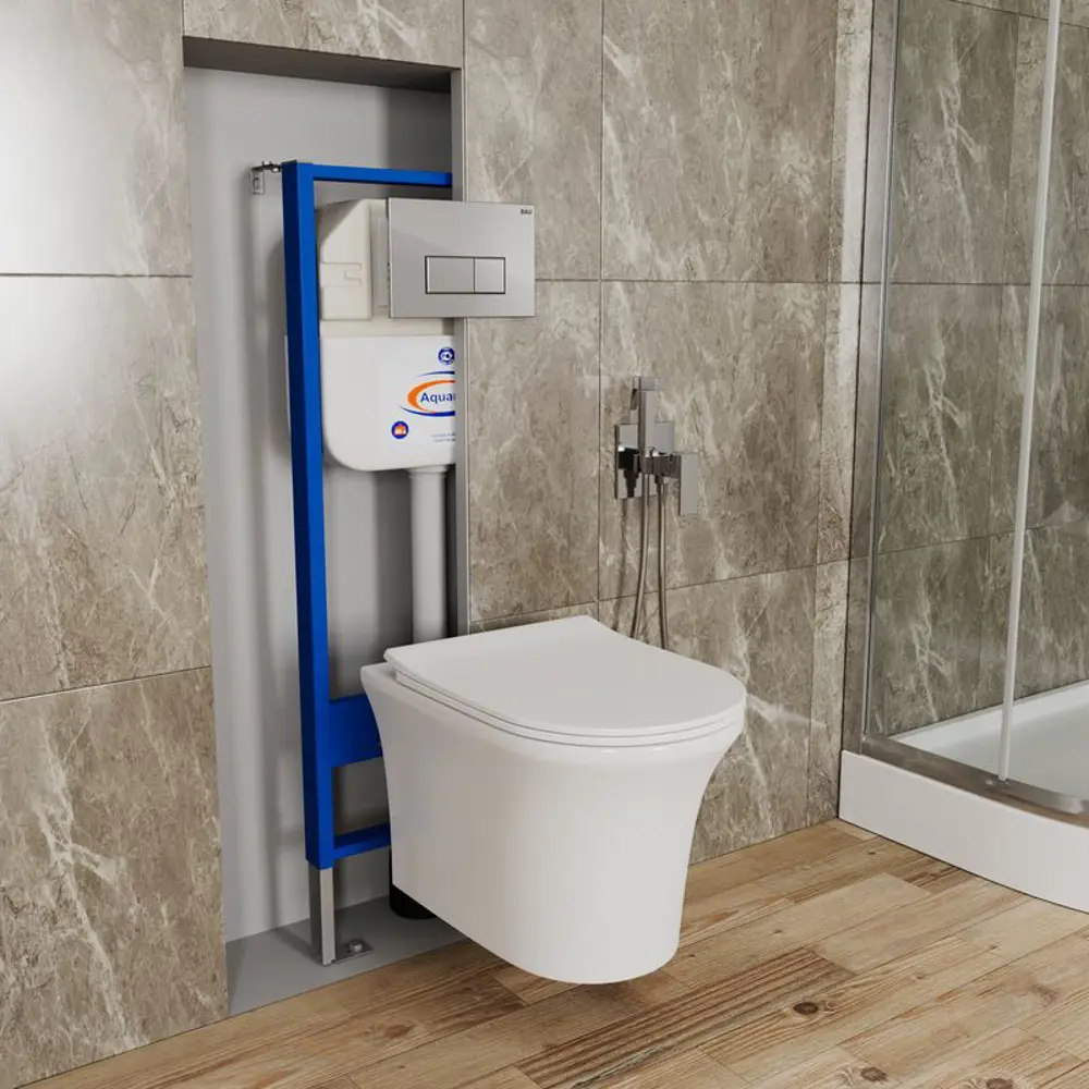 Фото 2 Комплект инсталляция Aquanika унитаз безободковый BAUEDGE Spectrum PRO сиденье микролифт кнопка смыва Hotel для инсталляции хром Фото 2 Комплект инсталляция Aquanika унитаз безободковый BAUEDGE Spectrum PRO сиденье микролифт кнопка смыва Hotel для инсталляции хром