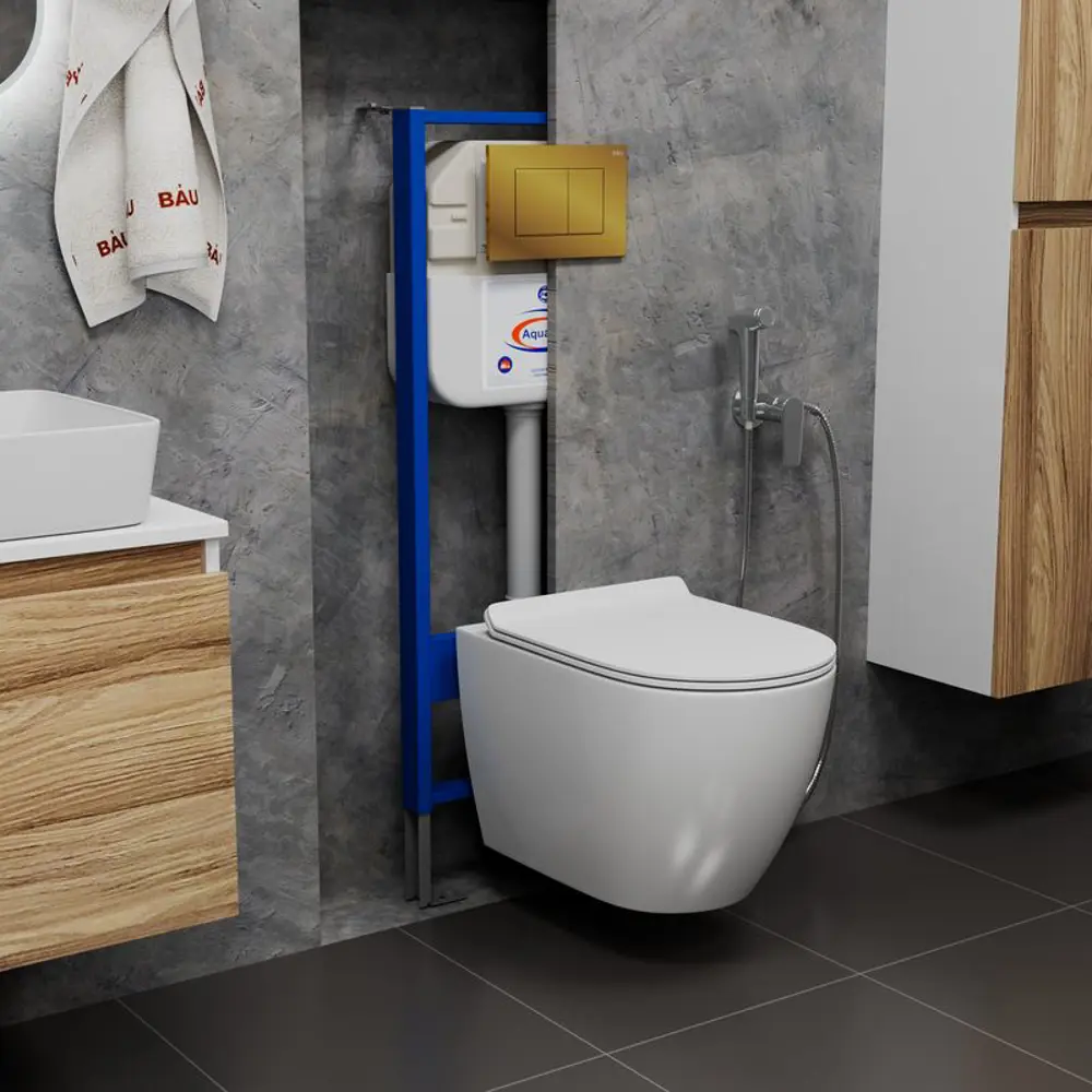 Фото 2 Комплект инсталляция BAUEDGE Aquanika унитаз безободковый Dream PRO сиденье дюропласт микролифт кнопка смыва Stil золото Фото 2 Комплект инсталляция BAUEDGE Aquanika унитаз безободковый Dream PRO сиденье дюропласт микролифт кнопка смыва Stil золото