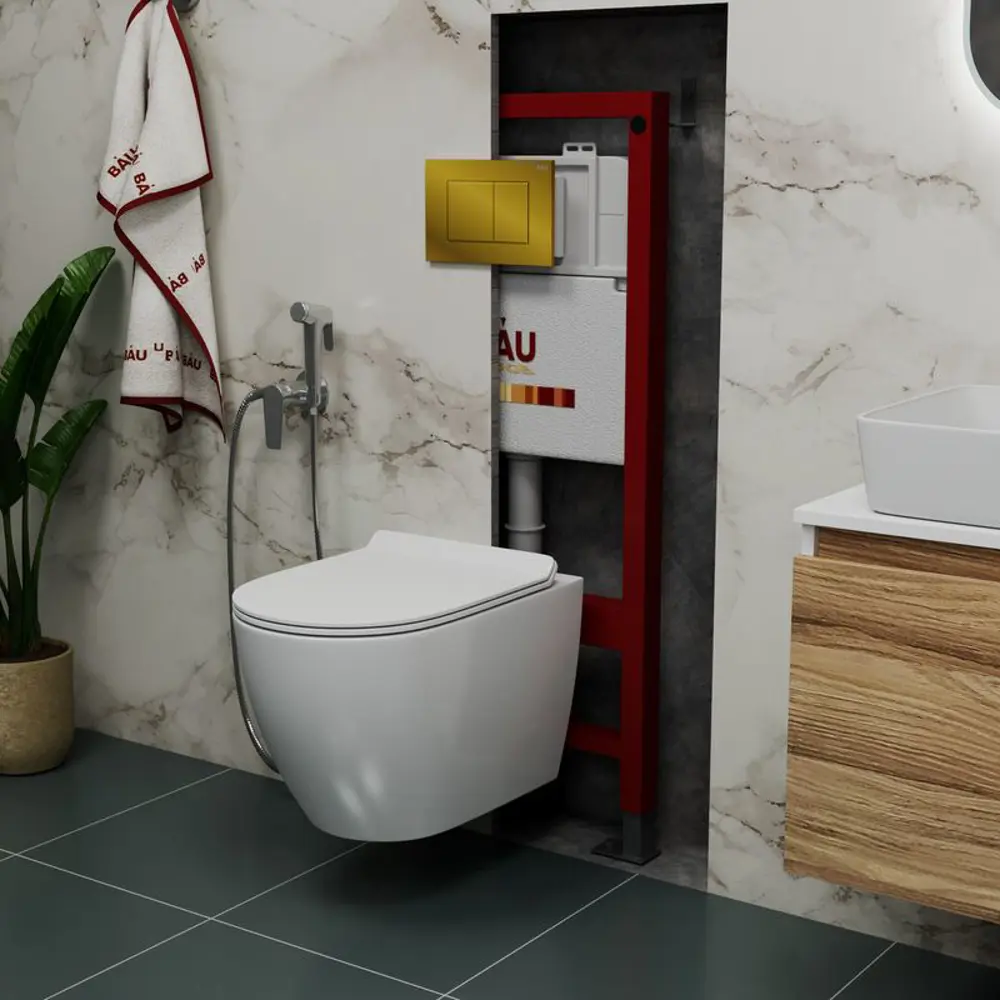 Фото Комплект Bauedge 6 в 1: инсталляция Bau pro унитаз подвесной безободковый Bau Dream pro сиденье дюропласт микролифт кнопка смыва Bau Stil золото Фото Комплект Bauedge 6 в 1: инсталляция Bau pro унитаз подвесной безободковый Bau Dream pro сиденье дюропласт микролифт кнопка смыва Bau Stil золото