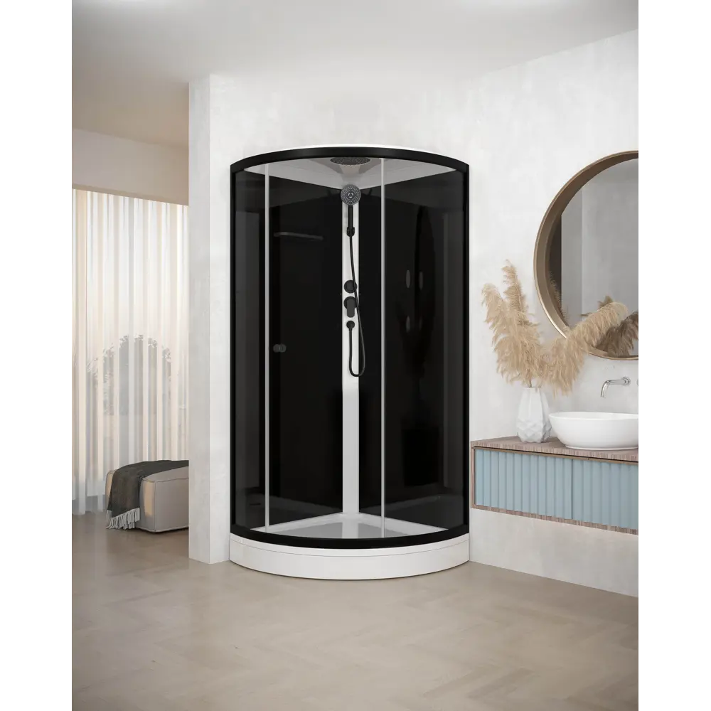 Фото 4 Душевая кабина Domani-Spa Simple 99 90x90x218 низкий поддон черные стенки, прозрачное стекло, графит профиль, Black accents Фото 4 Душевая кабина Domani-Spa Simple 99 90x90x218 низкий поддон черные стенки, прозрачное стекло, графит профиль, Black accents