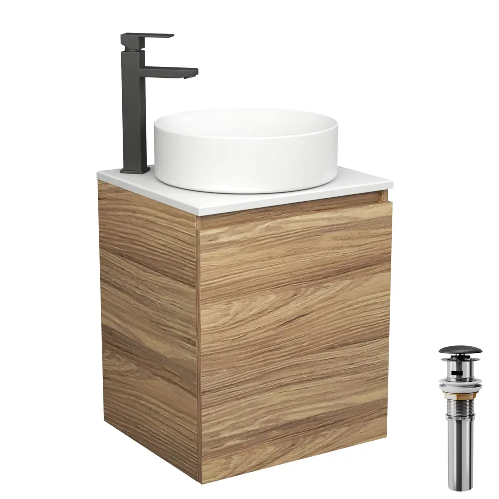 Фото Тумба Bau Dream Blackwood 50 SD3054. раковина BAU Dream круглая D41. смеситель для раковины высокий Hotel Black. черный. выпуск клик клак. черный Фото Тумба Bau Dream Blackwood 50 SD3054. раковина BAU Dream круглая D41. смеситель для раковины высокий Hotel Black. черный. выпуск клик клак. черный