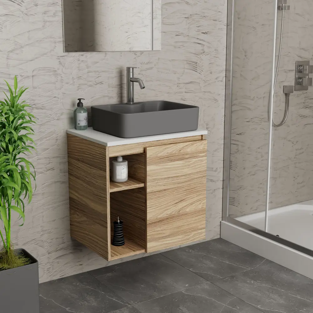 Фото 2 Тумба Bauedge Bau Dream Blackwood 60 правая раковина BAU Cerama 48x37 темно-серая матовая смеситель Hotel Dream нерж. сталь Фото 2 Тумба Bauedge Bau Dream Blackwood 60 правая раковина BAU Cerama 48x37 темно-серая матовая смеситель Hotel Dream нерж. сталь