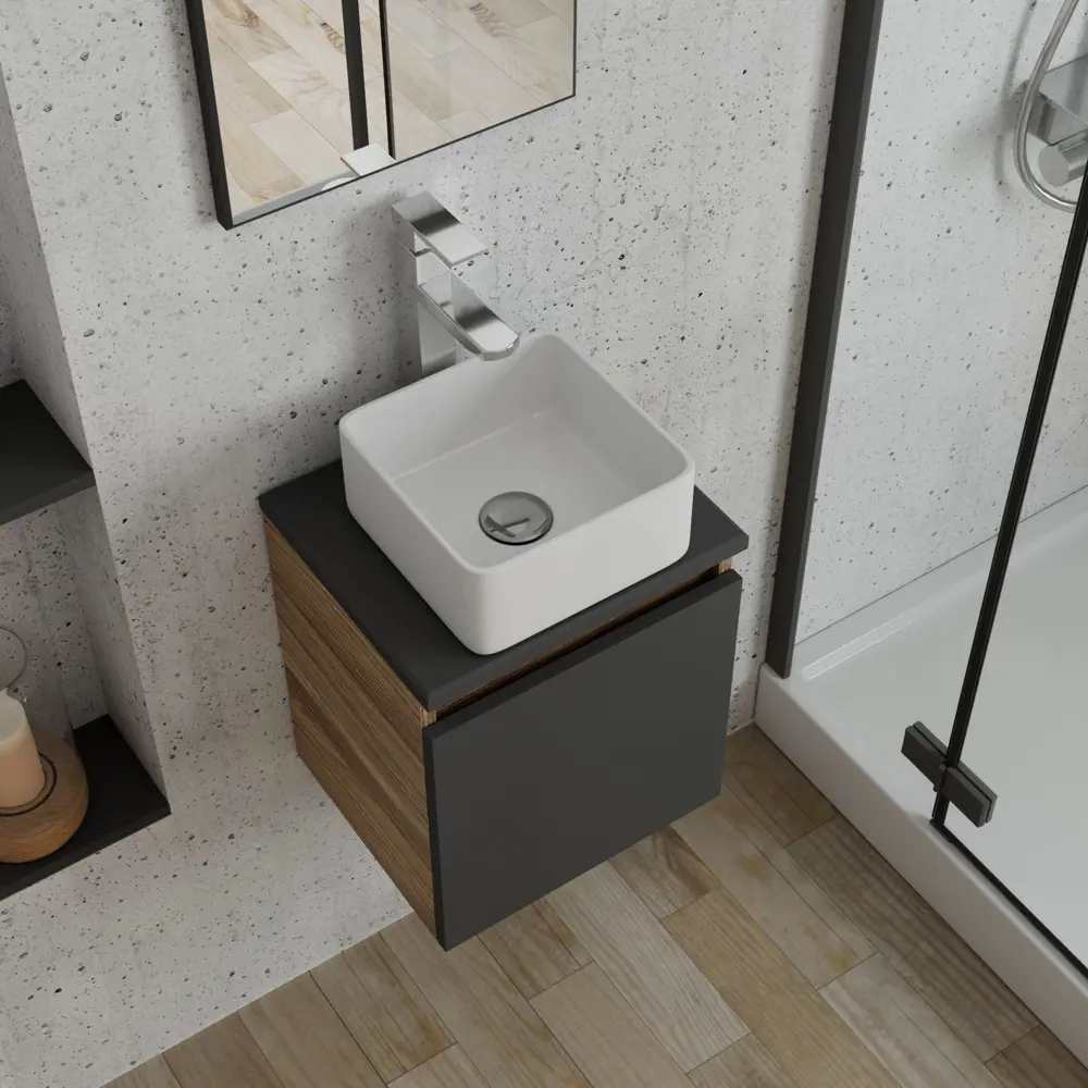 Фото 2 Тумба Bauedge Bau Dream Blackwood 35 с ящиком графит раковина Mini 24x24 смеситель для раковины высокий Hotel Still выпуск клик клак хром Фото 2 Тумба Bauedge Bau Dream Blackwood 35 с ящиком графит раковина Mini 24x24 смеситель для раковины высокий Hotel Still выпуск клик клак хром