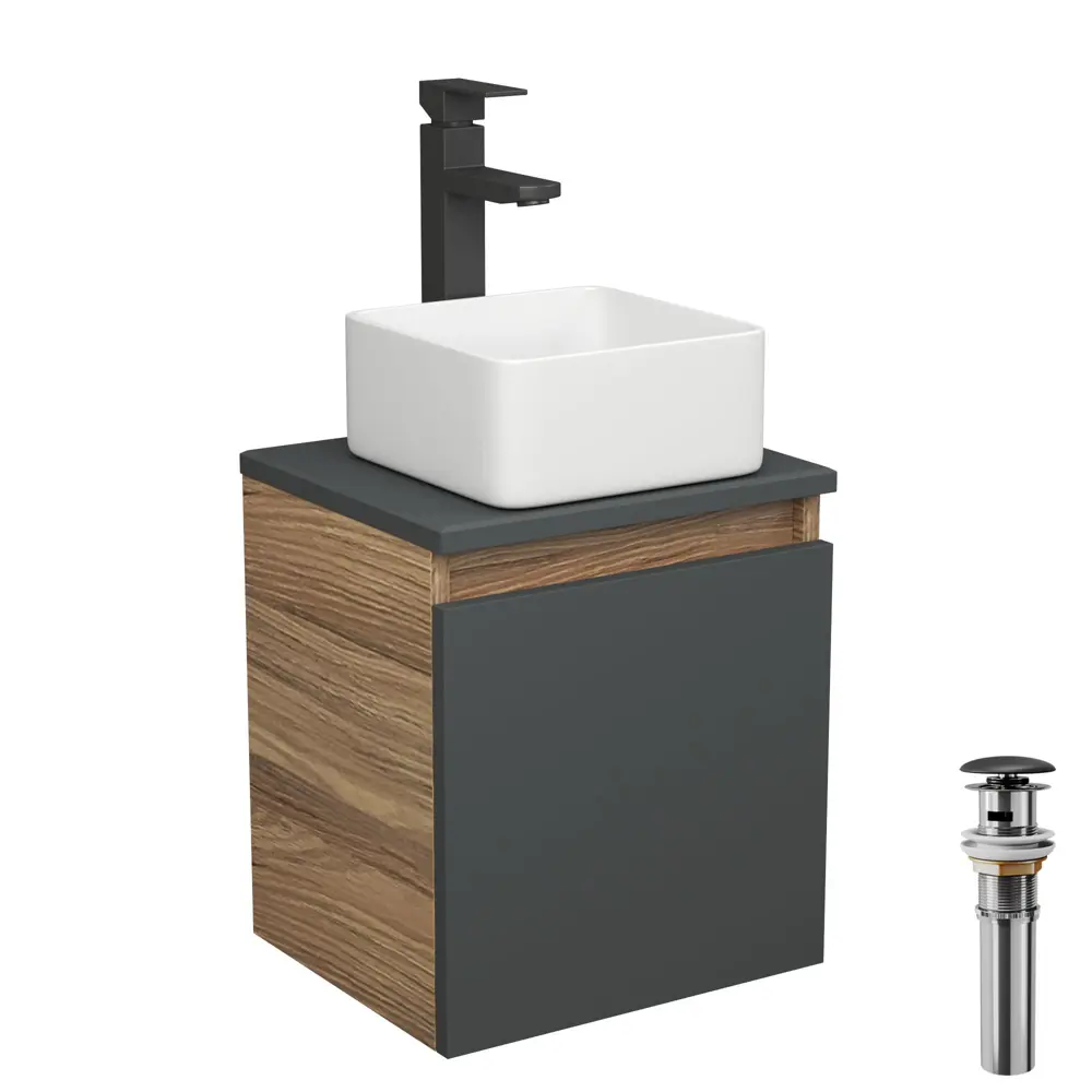 Фото Тумба Bauedge Bau Dream Blackwood 35 с ящиком графит раковина Mini 24x24 смеситель для раковины высокий Hotel Black черный выпуск клик клак Фото Тумба Bauedge Bau Dream Blackwood 35 с ящиком графит раковина Mini 24x24 смеситель для раковины высокий Hotel Black черный выпуск клик клак