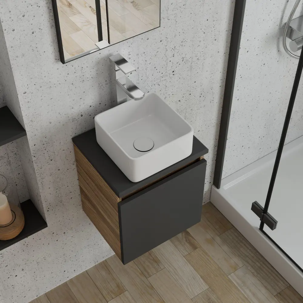 Фото 2 Тумба Bauedge Bau Dream Blackwood 35 с ящиком графит раковина Mini 24x24 смеситель для раковины высокий Hotel Still выпуск клик клак белый Фото 2 Тумба Bauedge Bau Dream Blackwood 35 с ящиком графит раковина Mini 24x24 смеситель для раковины высокий Hotel Still выпуск клик клак белый