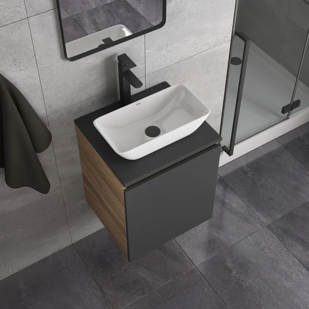 Фото 2 Тумба Bauedge Bau Dream Blackwood 50 графит раковина Spectrum mini 47x24 смеситель для раковины высокий Hotel Black черный выпуск клик клак Фото 2 Тумба Bauedge Bau Dream Blackwood 50 графит раковина Spectrum mini 47x24 смеситель для раковины высокий Hotel Black черный выпуск клик клак