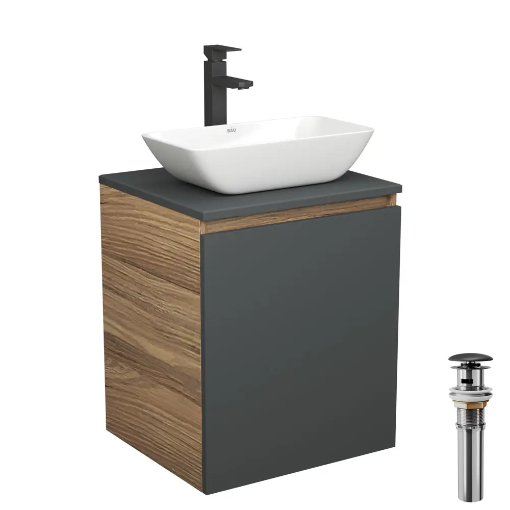 Фото Тумба Bauedge Bau Dream Blackwood 50 графит раковина Spectrum mini 47x24 смеситель для раковины высокий Hotel Black черный выпуск клик клак Фото Тумба Bauedge Bau Dream Blackwood 50 графит раковина Spectrum mini 47x24 смеситель для раковины высокий Hotel Black черный выпуск клик клак