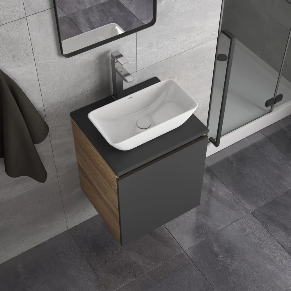 Фото 2 Тумба Bauedge Bau Dream Blackwood 50 графит раковина Spectrum mini 47x24 смеситель для раковины высокий Hotel Still выпуск клик клак белый Фото 2 Тумба Bauedge Bau Dream Blackwood 50 графит раковина Spectrum mini 47x24 смеситель для раковины высокий Hotel Still выпуск клик клак белый