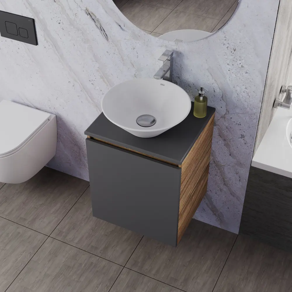 Фото 2 Тумба Bauedge Bau Dream Blackwood 50 графит раковина D43 смеситель высокий Hotel Still нержавеющая сталь выпуск клик клак хром Фото 2 Тумба Bauedge Bau Dream Blackwood 50 графит раковина D43 смеситель высокий Hotel Still нержавеющая сталь выпуск клик клак хром
