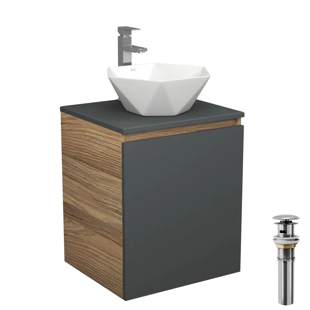 Фото Тумба Bauedge Bau Dream Blackwood 50 графит раковина Crystal 40x40 смеситель высокий Hotel Still нержавеющая сталь выпуск клик клак хром Фото Тумба Bauedge Bau Dream Blackwood 50 графит раковина Crystal 40x40 смеситель высокий Hotel Still нержавеющая сталь выпуск клик клак хром