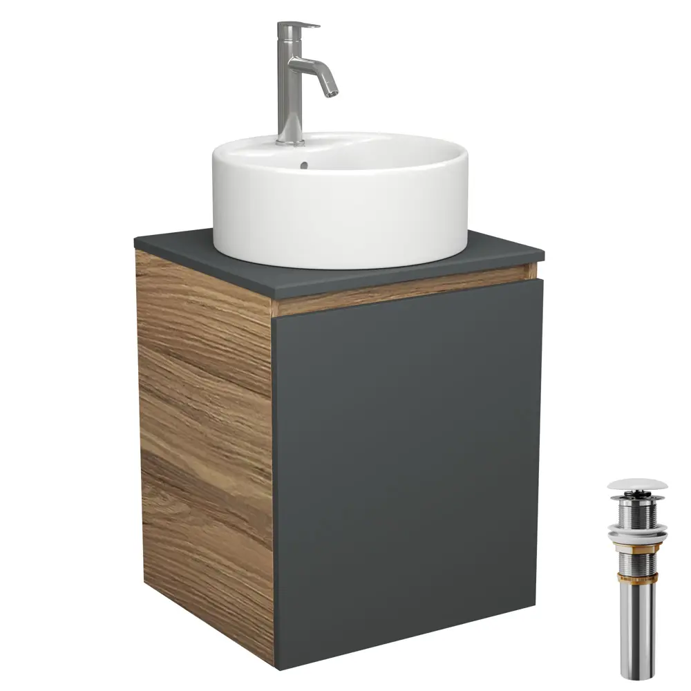 Фото Тумба Bauedge Bau Dream Blackwood 50 графит раковина BAU Element D40 белая смеситель Hotel Dream нерж. сталь выпуск клик клак белый Фото Тумба Bauedge Bau Dream Blackwood 50 графит раковина BAU Element D40 белая смеситель Hotel Dream нерж. сталь выпуск клик клак белый
