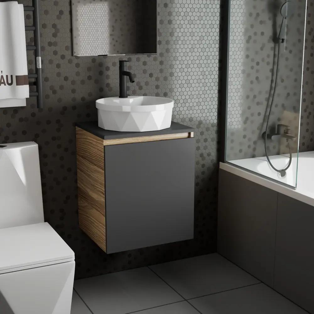 Фото 2 Тумба Bauedge Bau Dream Blackwood 50 графит раковина BAU Element Cristal D40 белая смеситель Hotel Dream Black нерж. сталь черный Фото 2 Тумба Bauedge Bau Dream Blackwood 50 графит раковина BAU Element Cristal D40 белая смеситель Hotel Dream Black нерж. сталь черный