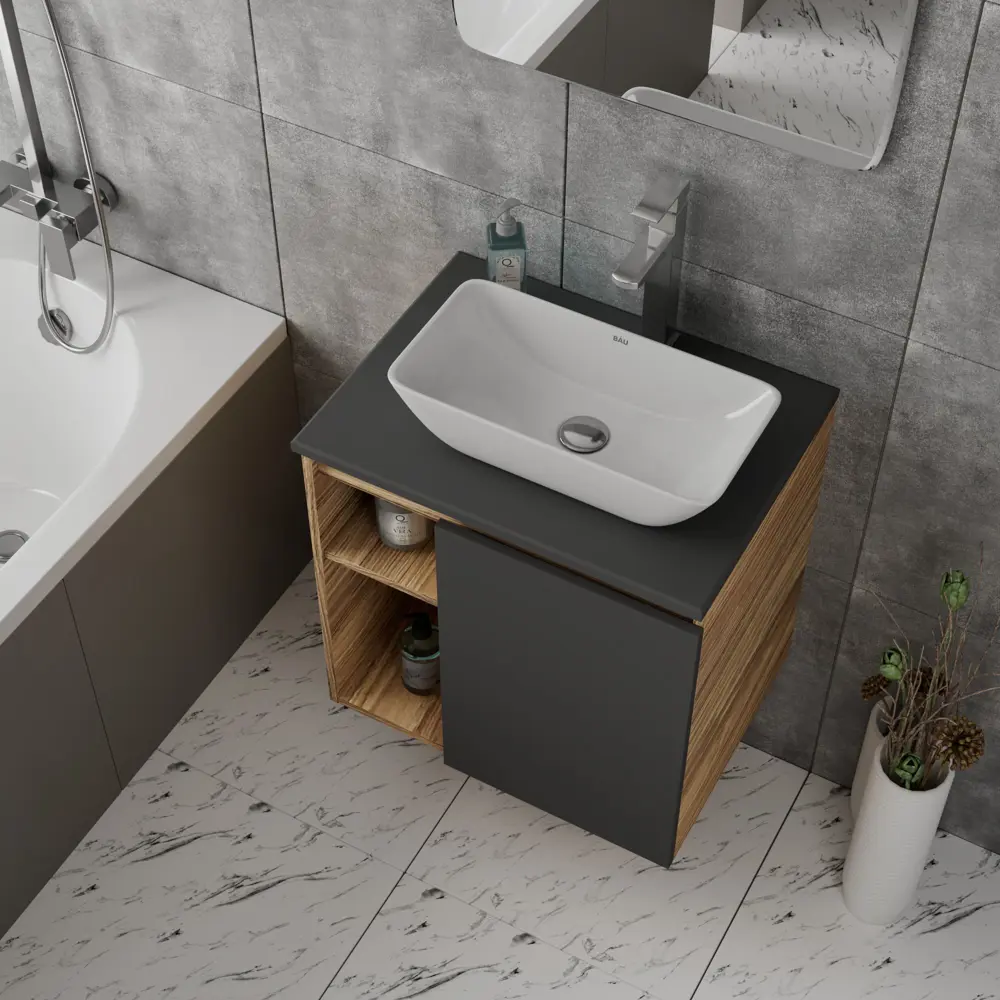 Фото 2 Тумба Bauedge Bau Dream Blackwood 60 правая графит раковина Spectrum mini 47x24 смеситель для раковины высокий Hotel Still выпуск клик клак хром