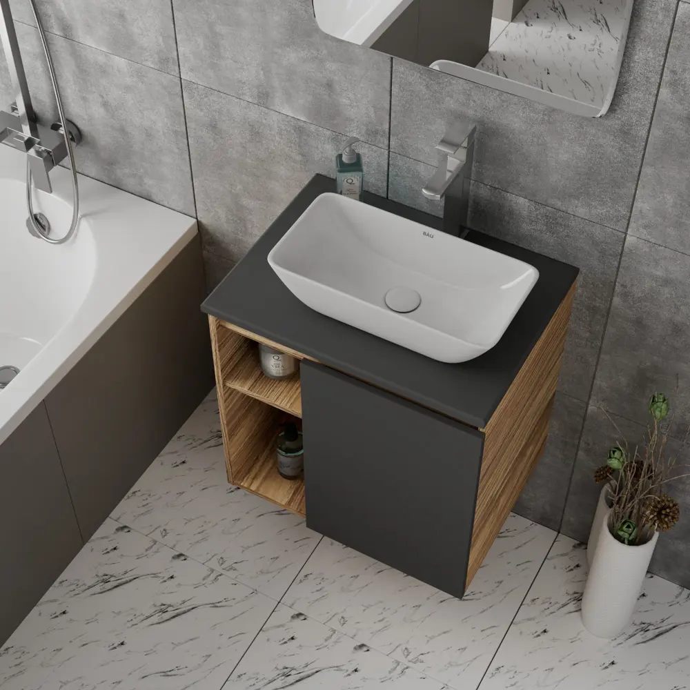 Фото 2 Тумба Bauedge Bau Dream Blackwood 60 правая графит раковина Spectrum mini 47x24 смеситель для раковины высокий Hotel Still выпуск клик клак белый Фото 2 Тумба Bauedge Bau Dream Blackwood 60 правая графит раковина Spectrum mini 47x24 смеситель для раковины высокий Hotel Still выпуск клик клак белый