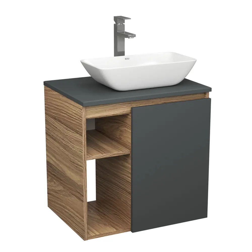 Фото Тумба Bauedge Bau Dream Blackwood 60 правая графит раковина Spectrum mini 47x24 смеситель для раковины высокий Hotel Still нержавеющая сталь Фото Тумба Bauedge Bau Dream Blackwood 60 правая графит раковина Spectrum mini 47x24 смеситель для раковины высокий Hotel Still нержавеющая сталь
