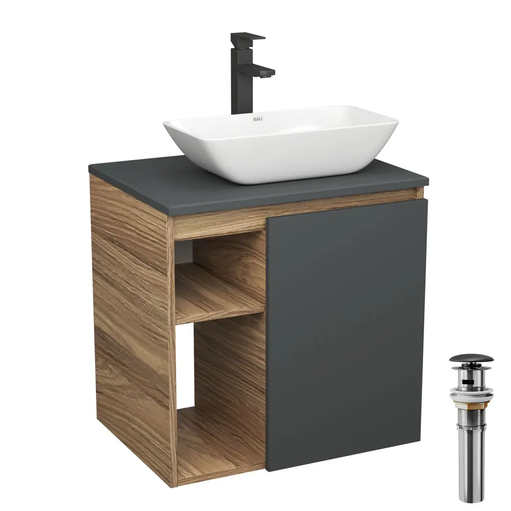Фото Тумба Bauedge Bau Dream Blackwood 60 правая графит раковина Spectrum mini 47x24 смеситель для раковины высокий Hotel Black черный выпуск клик клак Фото Тумба Bauedge Bau Dream Blackwood 60 правая графит раковина Spectrum mini 47x24 смеситель для раковины высокий Hotel Black черный выпуск клик клак