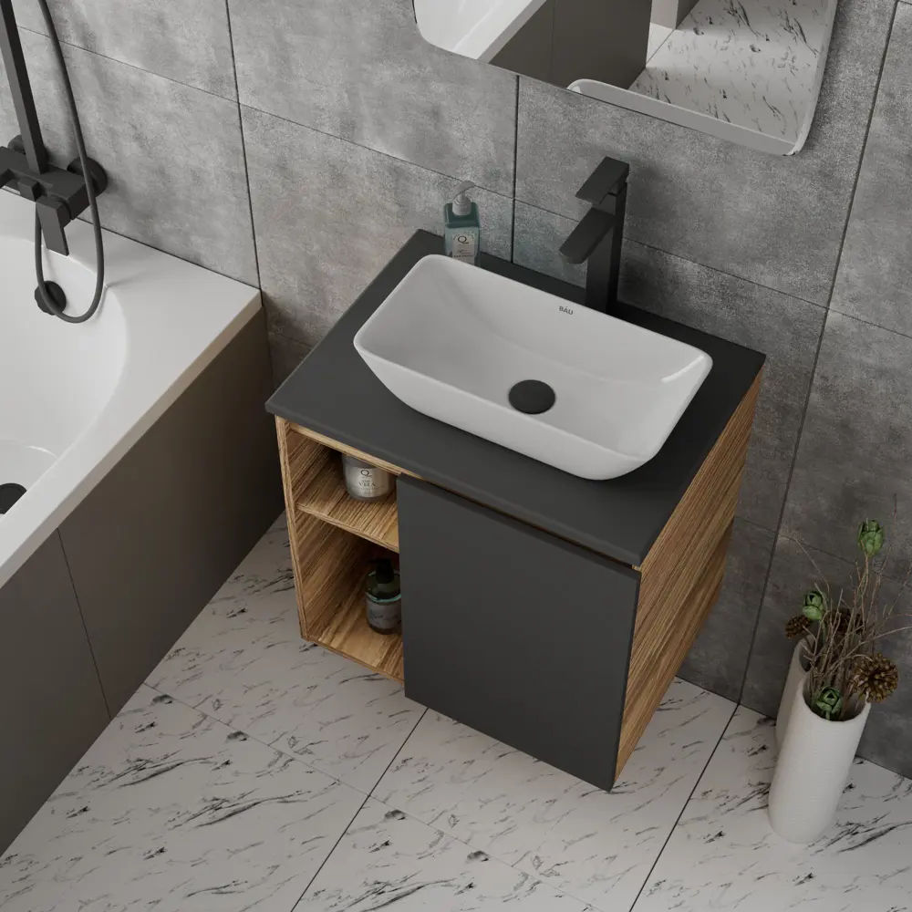 Фото 2 Тумба Bauedge Bau Dream Blackwood 60 правая графит раковина Spectrum mini 47x24 смеситель для раковины высокий Hotel Black черный выпуск клик клак Фото 2 Тумба Bauedge Bau Dream Blackwood 60 правая графит раковина Spectrum mini 47x24 смеситель для раковины высокий Hotel Black черный выпуск клик клак