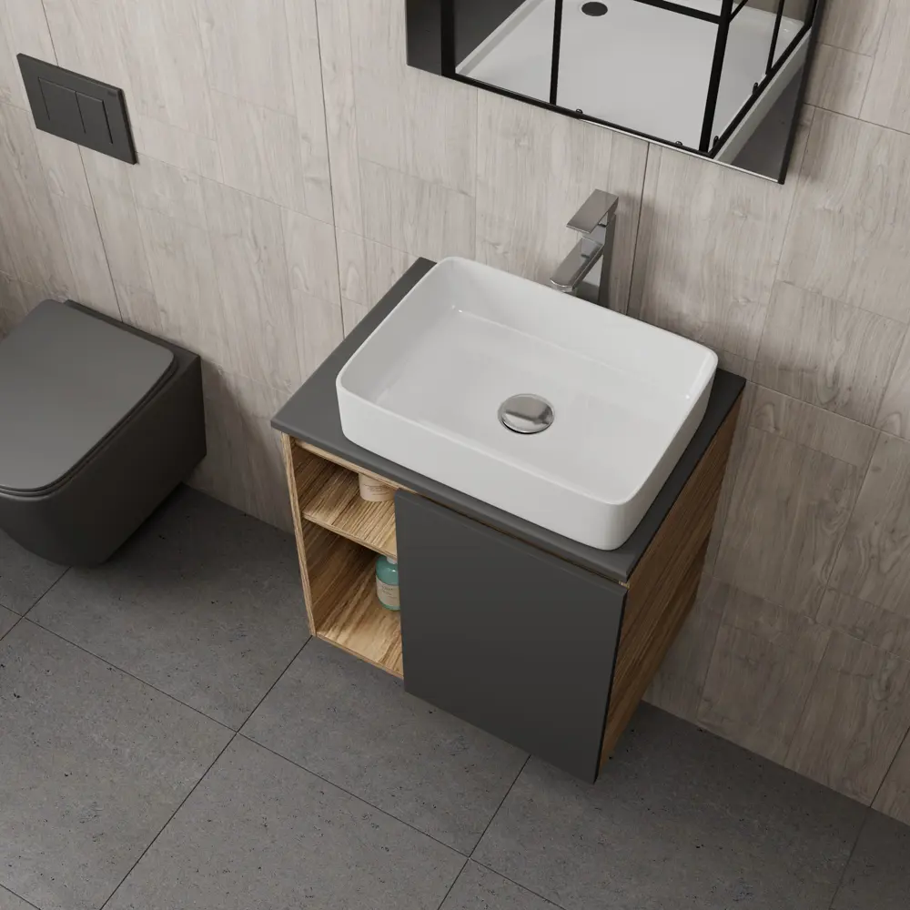 Фото 2 Тумба Bauedge Bau Dream Blackwood 60 правая графит раковина BAU Hotel 48x37 смеситель для раковины высокий Hotel Still выпуск клик клак хром Фото 2 Тумба Bauedge Bau Dream Blackwood 60 правая графит раковина BAU Hotel 48x37 смеситель для раковины высокий Hotel Still выпуск клик клак хром