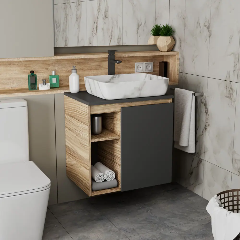 Фото 2 Тумба Bauedge Bau Dream Blackwood 60 правая SD4265, графит, раковина BAU Hotel 51x39, мрамор, смеситель для раковины высокий Hotel Black, черный Фото 2 Тумба Bauedge Bau Dream Blackwood 60 правая SD4265, графит, раковина BAU Hotel 51x39, мрамор, смеситель для раковины высокий Hotel Black, черный