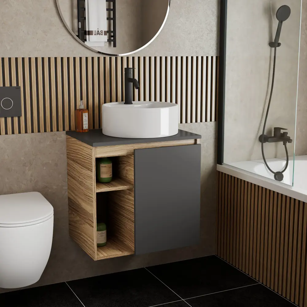 Фото 2 Тумба Bauedge Bau Dream Blackwood 60 правая SD4301, графит, раковина BAU Element D40, белая, смеситель Hotel Dream Black, нерж. сталь, черный Фото 2 Тумба Bauedge Bau Dream Blackwood 60 правая SD4301, графит, раковина BAU Element D40, белая, смеситель Hotel Dream Black, нерж. сталь, черный