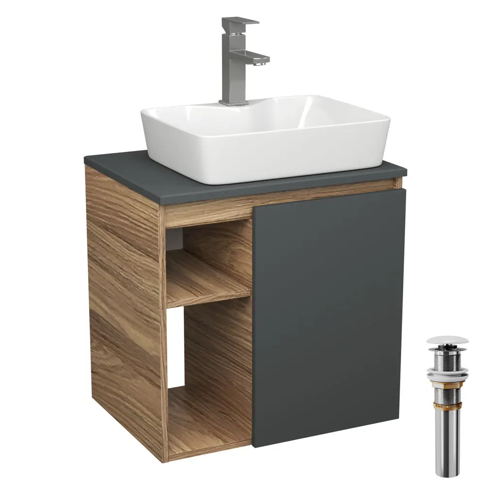 Фото Тумба Bauedge Bau Dream Blackwood 60 правая SD4362 графит раковина Cerama 48x37 белая смеситель Hotel Still выпуск клик клак белый
