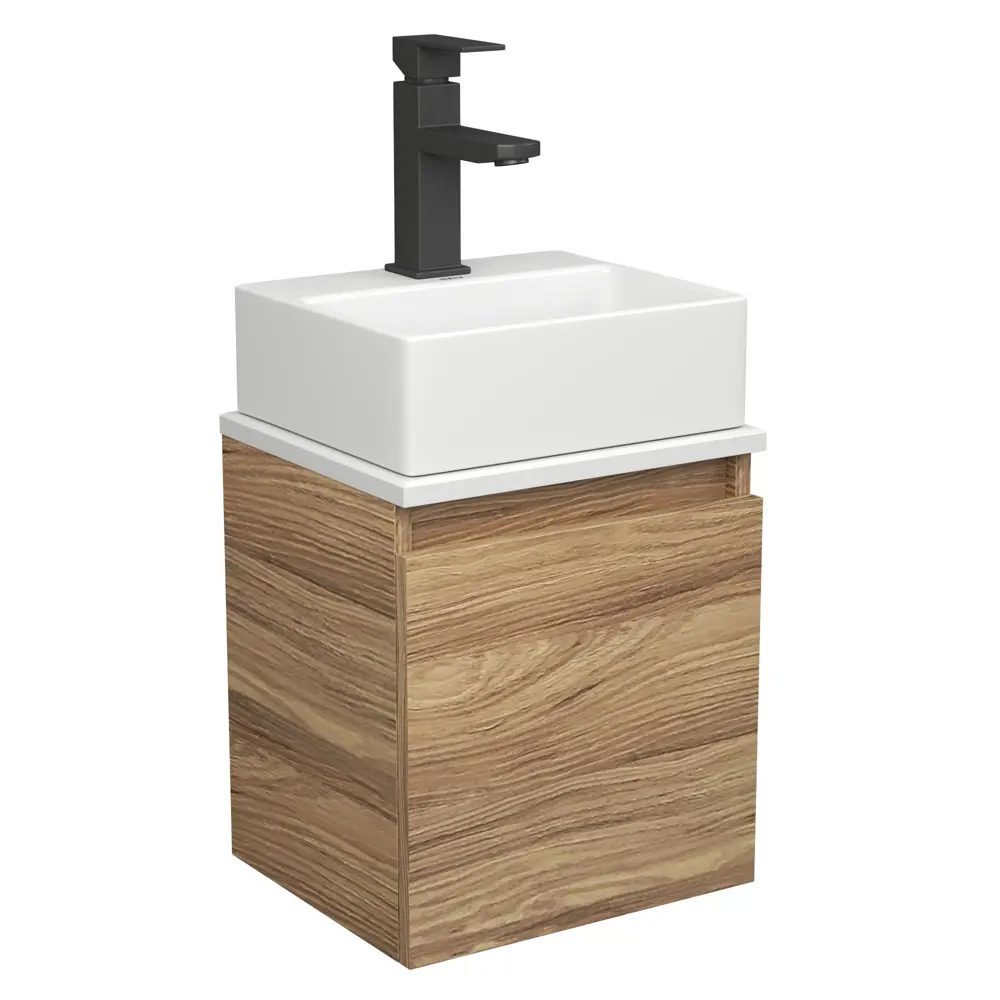 Фото Тумба Bauedge Bau Dream Blackwood 35 SD4397 с ящиком, раковина Cerama Mini 33x28, белая, смеситель Hotel Black, черный Фото Тумба Bauedge Bau Dream Blackwood 35 SD4397 с ящиком, раковина Cerama Mini 33x28, белая, смеситель Hotel Black, черный