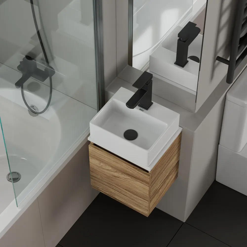 Фото 2 Тумба Bauedge Bau Dream Blackwood 35 SD4405 с ящиком, раковина Cerama Mini 33x28, белая, смеситель Hotel Black, черный, выпуск клик клак черный Фото 2 Тумба Bauedge Bau Dream Blackwood 35 SD4405 с ящиком, раковина Cerama Mini 33x28, белая, смеситель Hotel Black, черный, выпуск клик клак черный