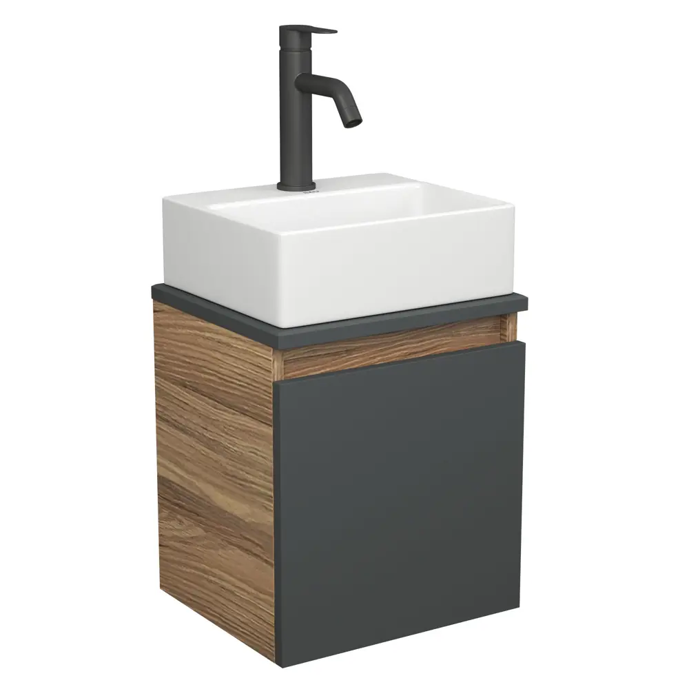 Фото Тумба Bauedge Bau Dream Blackwood SD4413 35 с ящиком, графит, раковина BAU Cerama Mini 33x28, белая, смеситель Hotel Dream Black, нерж. сталь, черный