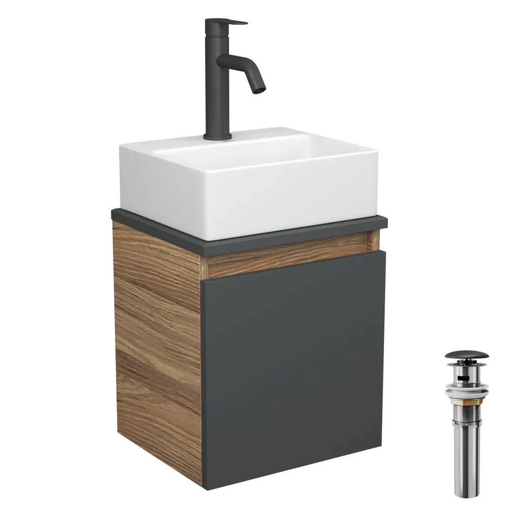 Фото Тумба Bauedge Bau Dream Blackwood 35 с ящиком графит раковина BAU Cerama Mini 33x28 белая смеситель Hotel Dream Black черный выпуск клик клак черн Фото Тумба Bauedge Bau Dream Blackwood 35 с ящиком графит раковина BAU Cerama Mini 33x28 белая смеситель Hotel Dream Black черный выпуск клик клак черн