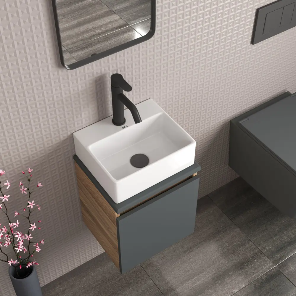 Фото 2 Тумба Bauedge Bau Dream Blackwood 35 с ящиком графит раковина BAU Cerama Mini 33x28 белая смеситель Hotel Dream Black черный выпуск клик клак черн Фото 2 Тумба Bauedge Bau Dream Blackwood 35 с ящиком графит раковина BAU Cerama Mini 33x28 белая смеситель Hotel Dream Black черный выпуск клик клак черн
