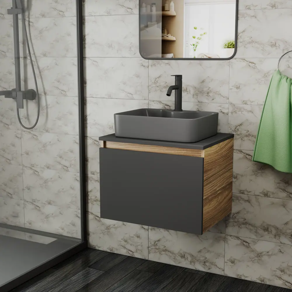 Фото 2 Комплект: тумба Bauedge Bau Dream Blackwood графит 60 BD2867 1 ящик раковина BAU Cerama 48x37 темно-серая смеситель Hotel Dream Black черный матовый Фото 2 Комплект: тумба Bauedge Bau Dream Blackwood графит 60 BD2867 1 ящик раковина BAU Cerama 48x37 темно-серая смеситель Hotel Dream Black черный матовый