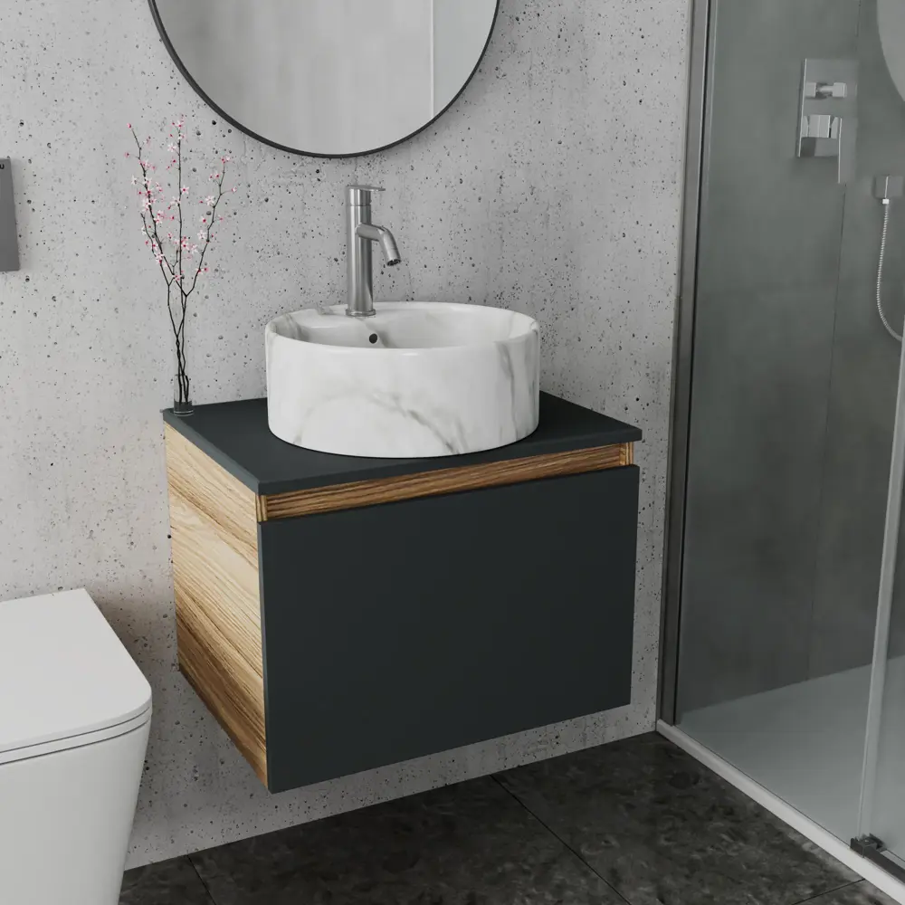 Фото 2 Комплект: тумба Bauedge Bau Dream Blackwood графит 60 1 ящик раковина круглая накладная BAU Element D41 мрамор смеситель Hotel Dream нерж сталь Фото 2 Комплект: тумба Bauedge Bau Dream Blackwood графит 60 1 ящик раковина круглая накладная BAU Element D41 мрамор смеситель Hotel Dream нерж сталь