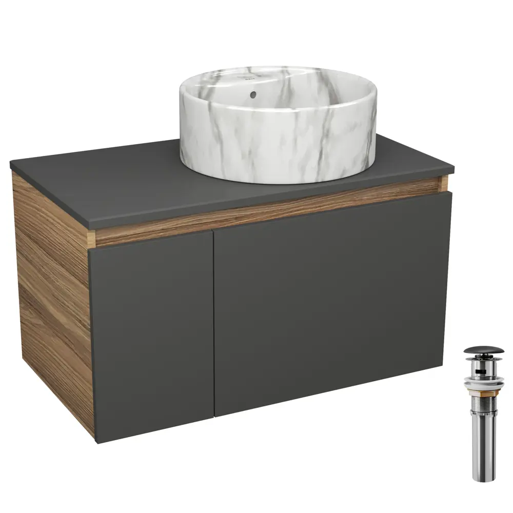 Фото Комплект: тумба подвесная Bauedge Bau Dream Blackwood BD3071 графит 80 1 ящик дверца слева раковина накладная Element D41 мрамор выпуск клик клак Фото Комплект: тумба подвесная Bauedge Bau Dream Blackwood BD3071 графит 80 1 ящик дверца слева раковина накладная Element D41 мрамор выпуск клик клак