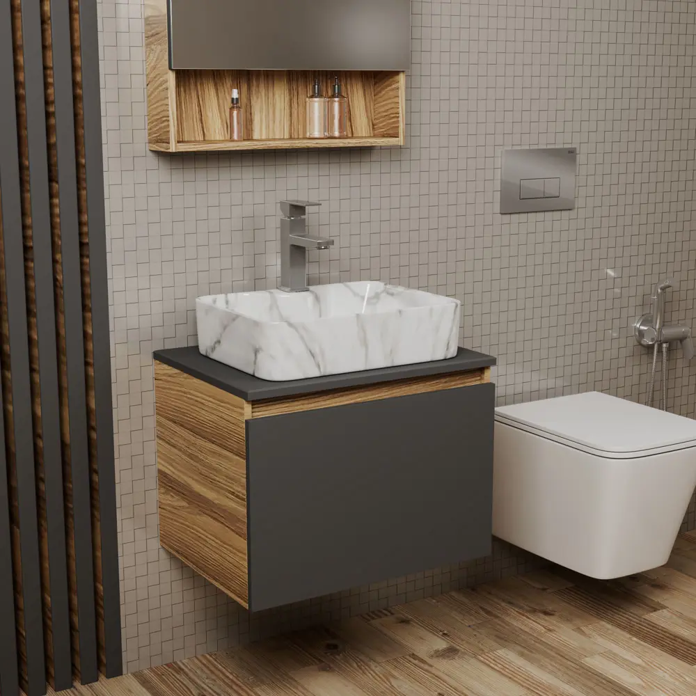 Фото 2 Комплект: тумба Bauedge Bau Dream Blackwood графит 60 1 ящик раковина прямоугольная Cerama 48x37 мрамор смеситель Hotel Stil нерж сталь Фото 2 Комплект: тумба Bauedge Bau Dream Blackwood графит 60 1 ящик раковина прямоугольная Cerama 48x37 мрамор смеситель Hotel Stil нерж сталь