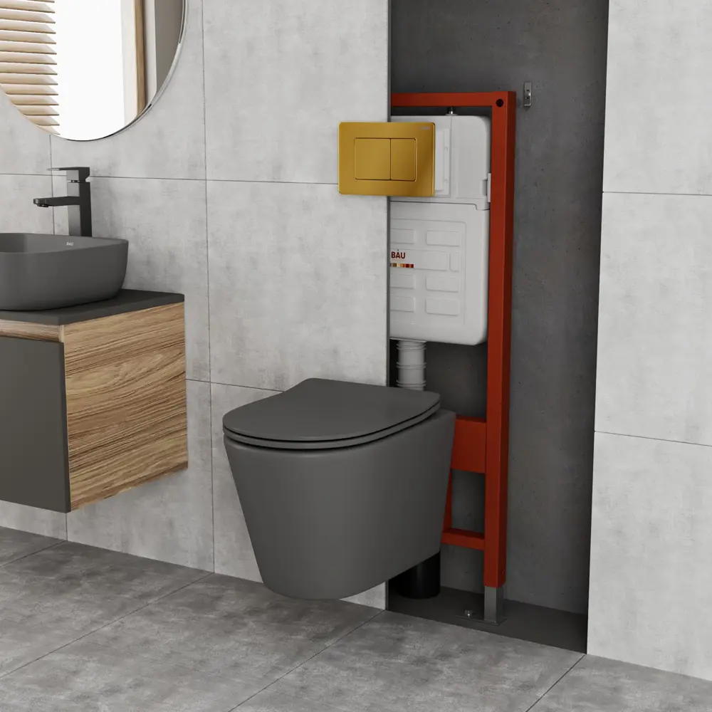 Фото 2 Комплект инсталляции Bauedge Bau Ideal E458103-BK0001DG-E00108, с унитазом безободковым Nimb темно-серый матовый клавиша Light Фото 2 Комплект инсталляции Bauedge Bau Ideal E458103-BK0001DG-E00108, с унитазом безободковым Nimb темно-серый матовый клавиша Light