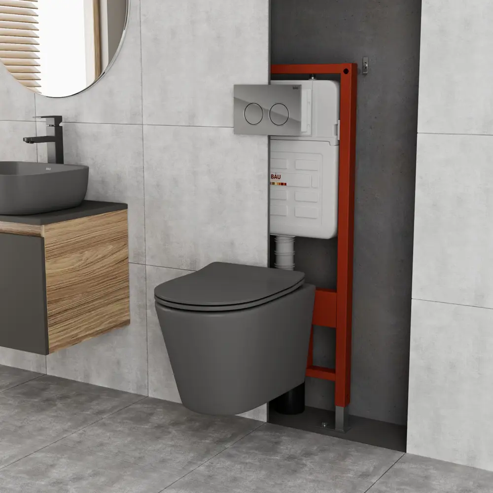 Фото 2 Комплект инсталляции Bauedge Bau Ideal E458103-BK0001DG-E00113, с унитазом безободковым Nimb темно-серый матовый клавиша Round, хром Фото 2 Комплект инсталляции Bauedge Bau Ideal E458103-BK0001DG-E00113, с унитазом безободковым Nimb темно-серый матовый клавиша Round, хром