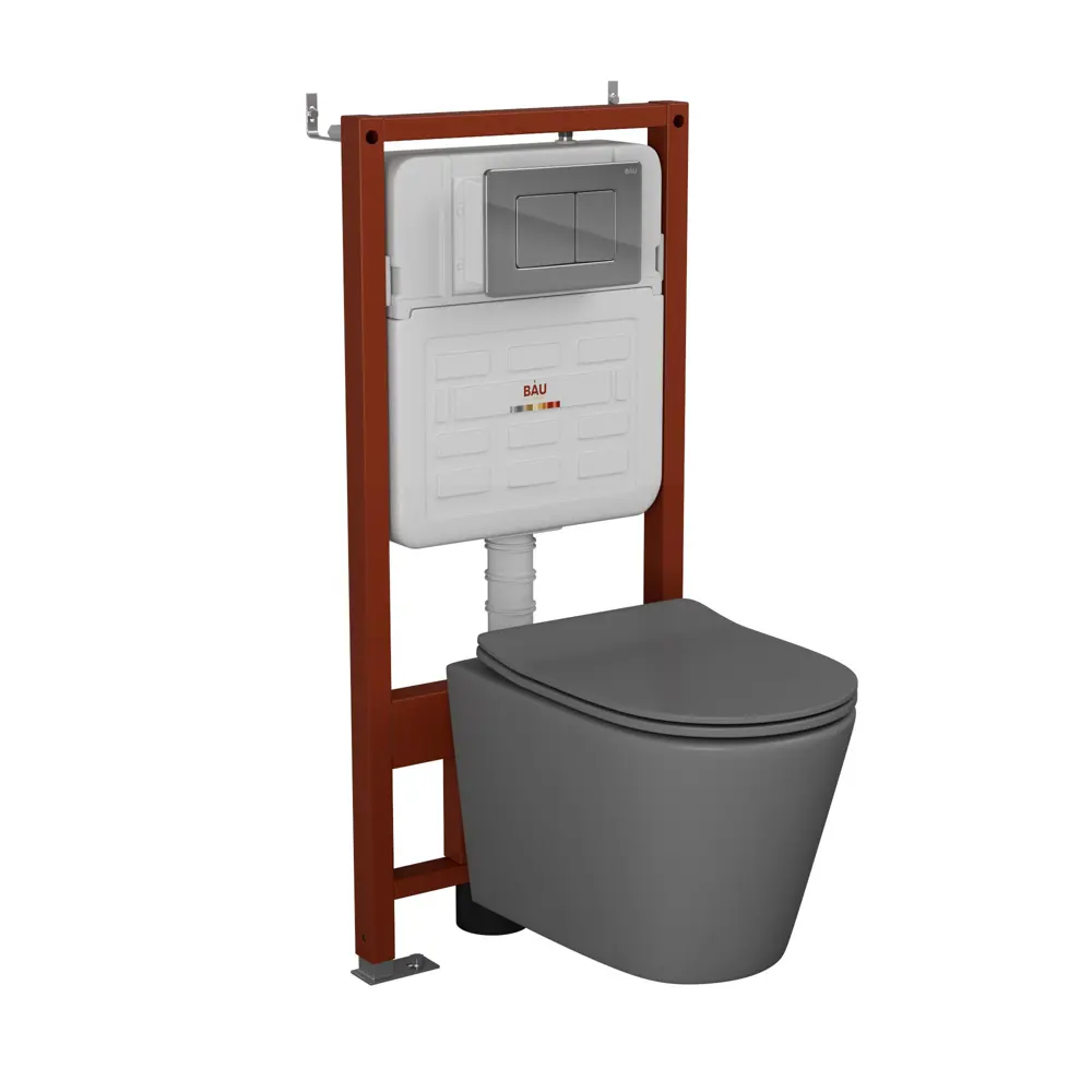 Фото Комплект инсталляции Bauedge Bau Ideal E458103-BK0001DG-E00105, с унитазом безободковым Nimb темно-серый матовый, нержавеющая сталь хром Фото Комплект инсталляции Bauedge Bau Ideal E458103-BK0001DG-E00105, с унитазом безободковым Nimb темно-серый матовый, нержавеющая сталь хром