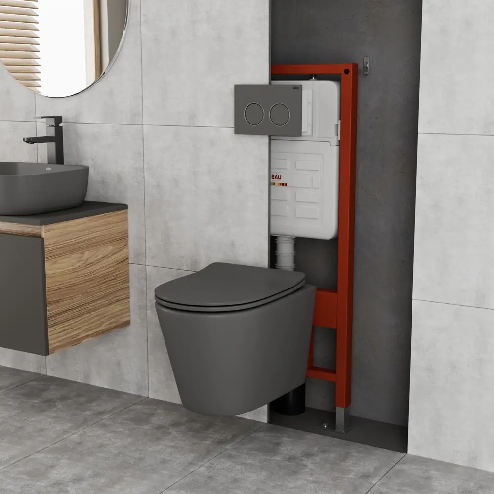 Фото 2 Комплект инсталляции Bauedge Bau Ideal E458103-BK0001DG-E00114, с унитазом безободковым Nimb темно-серый матовый клавиша Round Gun, серый мет Фото 2 Комплект инсталляции Bauedge Bau Ideal E458103-BK0001DG-E00114, с унитазом безободковым Nimb темно-серый матовый клавиша Round Gun, серый мет