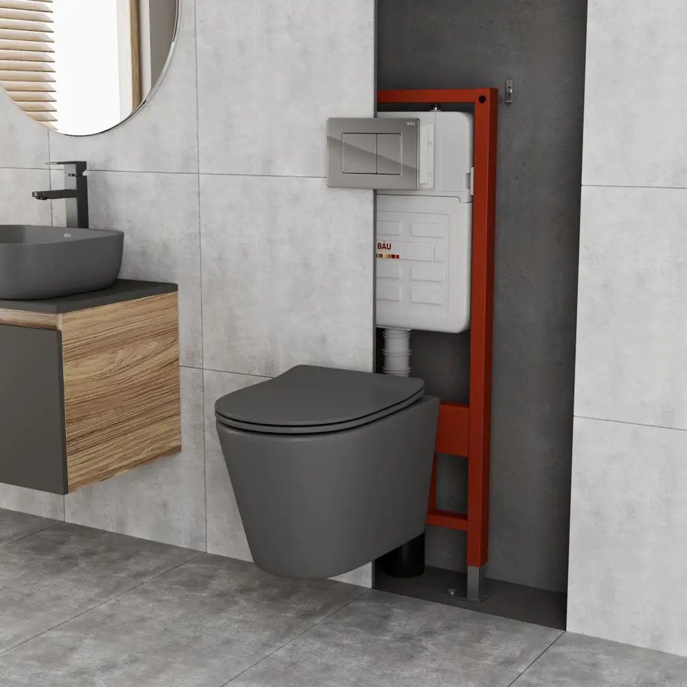 Фото 2 Комплект инсталляции Bauedge Bau Ideal E458103-BK0001DG-E00105, с унитазом безободковым Nimb темно-серый матовый, нержавеющая сталь хром Фото 2 Комплект инсталляции Bauedge Bau Ideal E458103-BK0001DG-E00105, с унитазом безободковым Nimb темно-серый матовый, нержавеющая сталь хром