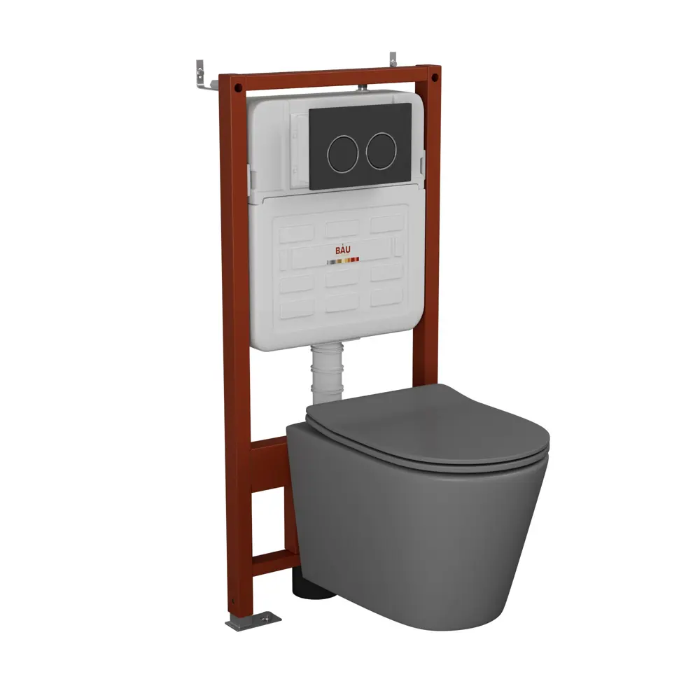 Фото Комплект инсталляции Bauedge Bau Ideal E458103-BK0001DG-E00115, с унитазом безободковым Bau Nimb темно-серый матовый клавиша Bau Round, черная матовый Фото Комплект инсталляции Bauedge Bau Ideal E458103-BK0001DG-E00115, с унитазом безободковым Bau Nimb темно-серый матовый клавиша Bau Round, черная матовый