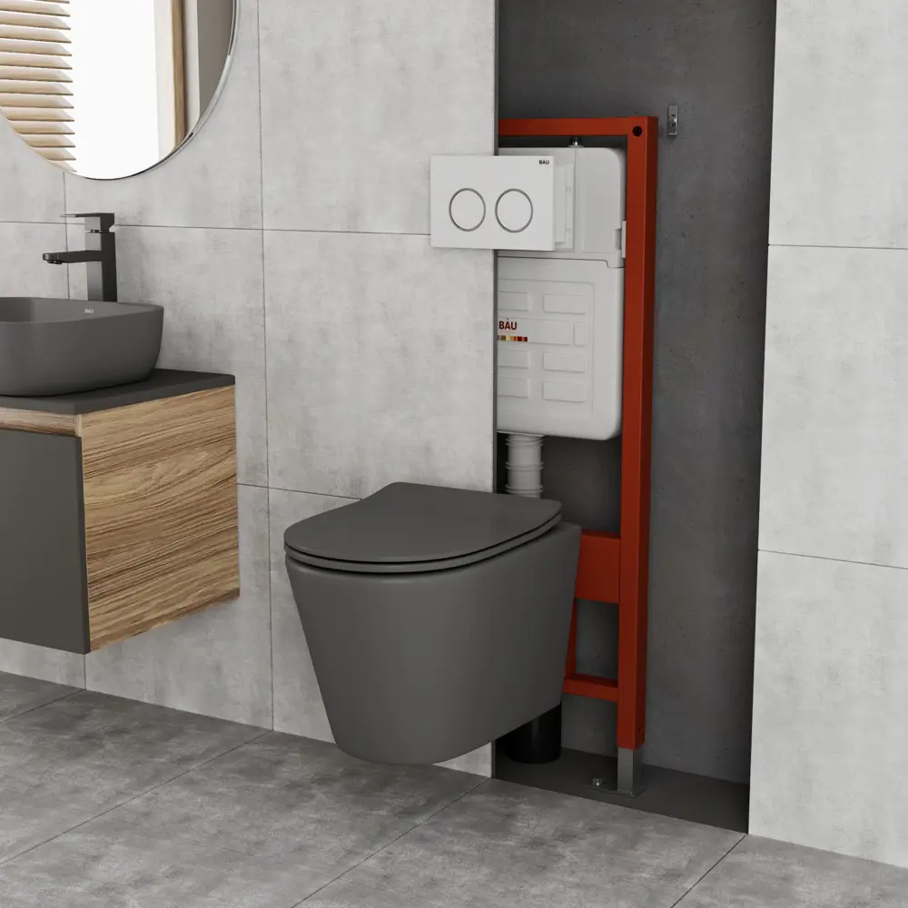 Фото 2 Комплект инсталляции Bauedge Bau Ideal E458103-BK0001DG-E00116, с унитазом безободковым Nimb темно-серый матовый клавиша Round, белый/хром Фото 2 Комплект инсталляции Bauedge Bau Ideal E458103-BK0001DG-E00116, с унитазом безободковым Nimb темно-серый матовый клавиша Round, белый/хром