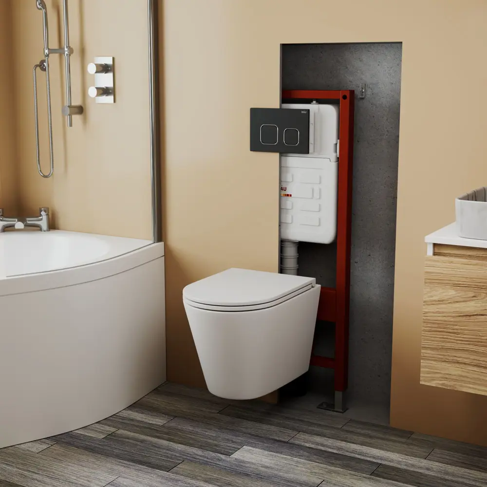 Фото 2 Комплект инсталляции Bauedge Bau Ideal E458103-BK0001-HQ3-E00103, с унитазом безободковым Nimb Hurricane3 клавиша Strike, черная матовая Фото 2 Комплект инсталляции Bauedge Bau Ideal E458103-BK0001-HQ3-E00103, с унитазом безободковым Nimb Hurricane3 клавиша Strike, черная матовая