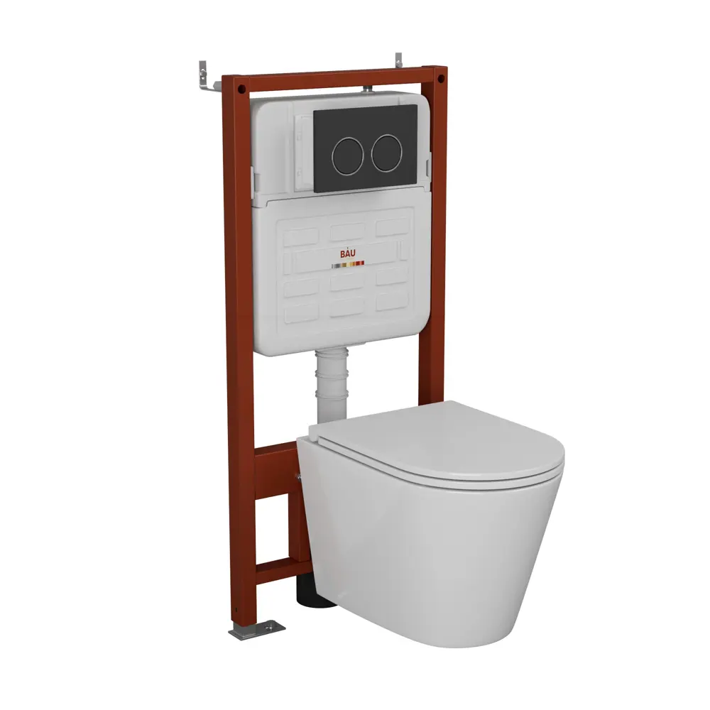 Фото Комплект инсталляции Bauedge Bau Ideal E458103-BK0001-HQ3-E00115, с унитазом безободковым Nimb Hurricane3 клавиша Round, черная матовая Фото Комплект инсталляции Bauedge Bau Ideal E458103-BK0001-HQ3-E00115, с унитазом безободковым Nimb Hurricane3 клавиша Round, черная матовая