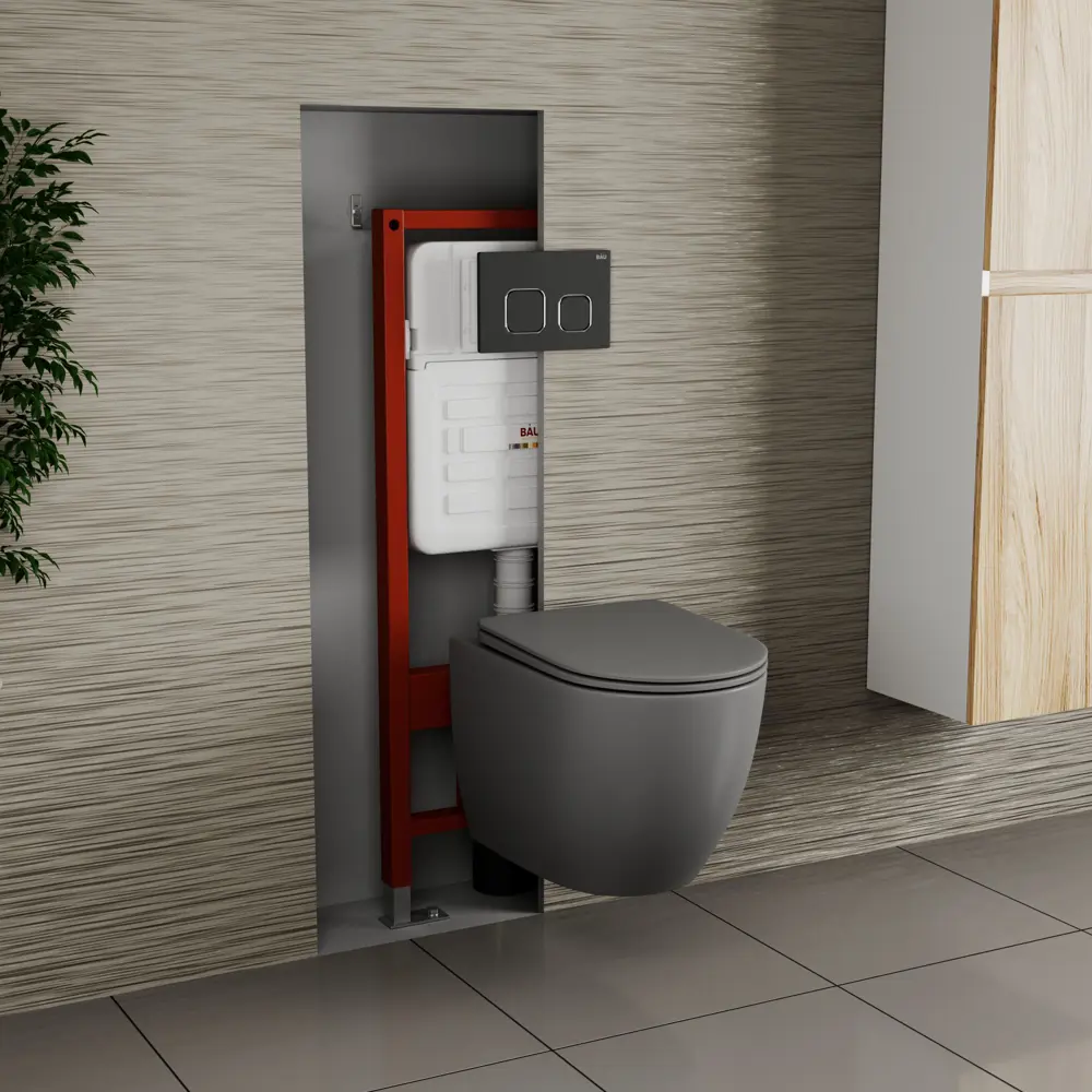 Фото 2 Комплект инсталляции Bauedge Bau Ideal E458103-BL0001-DG-E00103, унитаз безободковый Dream 49.5x36 темно-серый матовый, клавиша Strike черная