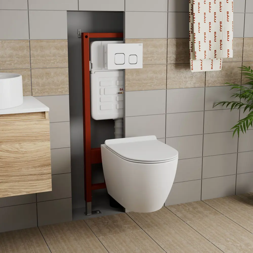 Фото 2 Комплект инсталляции Bauedge Bau Ideal E458103-BL0001-E00104, с унитазом безободковым Dream клавиша Strike, белая/хром Фото 2 Комплект инсталляции Bauedge Bau Ideal E458103-BL0001-E00104, с унитазом безободковым Dream клавиша Strike, белая/хром