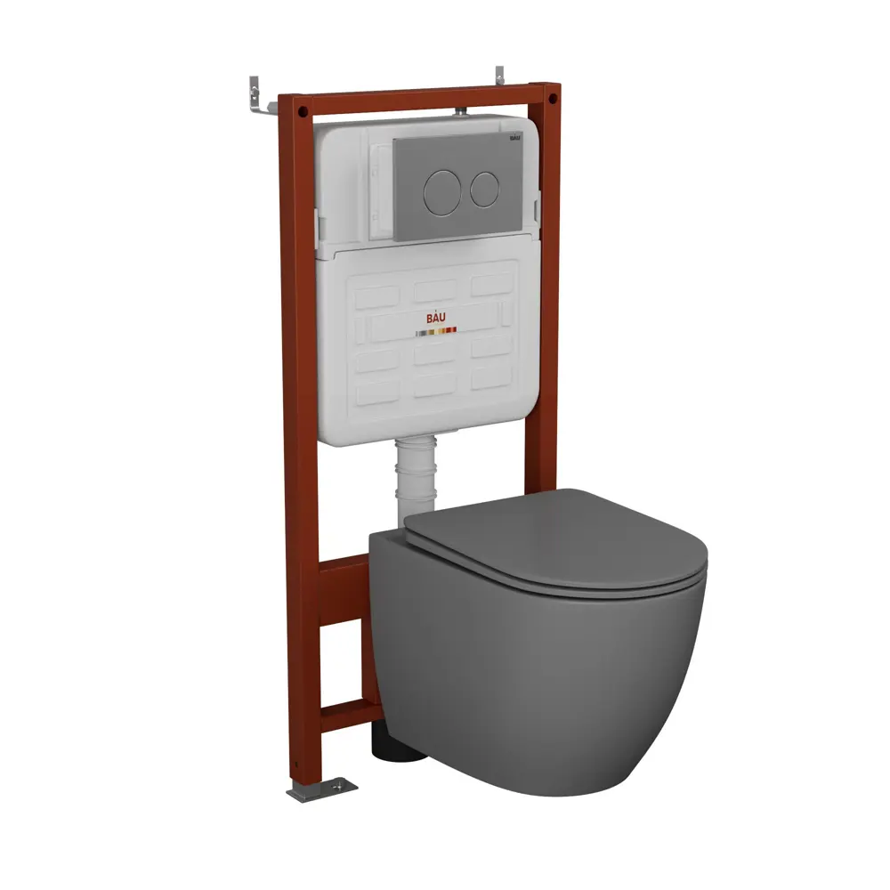 Фото Комплект инсталляции Bauedge Bau Ideal E458103-BL0001-DG-E00118, унитаз безободковый Dream темно-серый матовый клавиша Wheel нержавеющая сталь Фото Комплект инсталляции Bauedge Bau Ideal E458103-BL0001-DG-E00118, унитаз безободковый Dream темно-серый матовый клавиша Wheel нержавеющая сталь