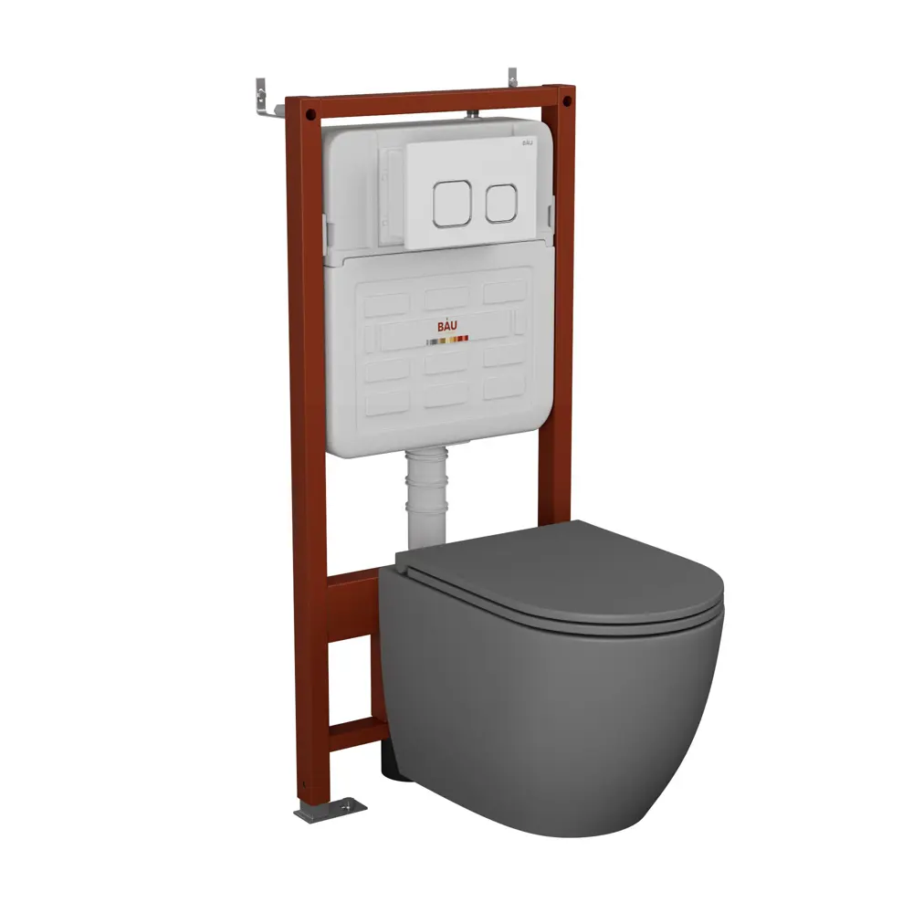 Фото Комплект инсталляции Bauedge Bau Ideal E458103-BL0001-HQ2-DG-E00104, унитаз безободковый Dream торнадо Hurricane-2 темно-серый матовый, белая/хром